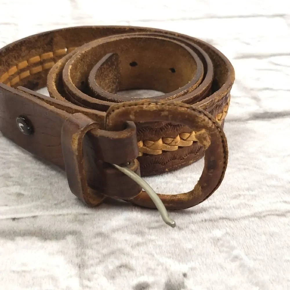 Recho Mexico Men’s Brown Tooled Braided Leather Belt Size 34